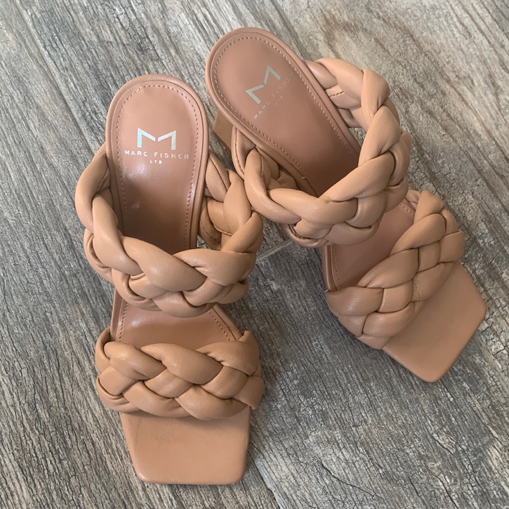 MARC FISHER Womens Beige Braided Padded Hammy Leather Heeled Sandal Size 6M